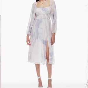 Aritzia Wilfred Bella slit smocked bodice puff sleeves Midi dress